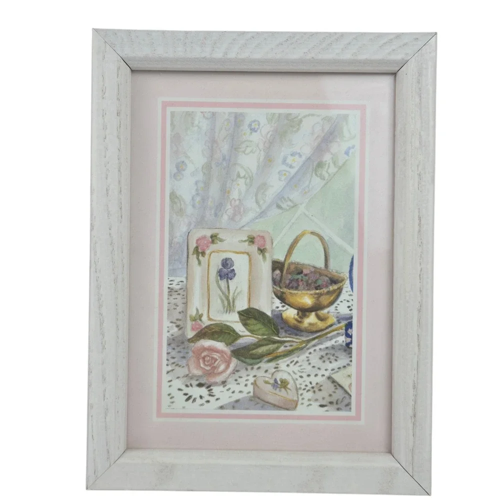 2 Vintage Wood Framed White & Pink Floral Wall Art Prints For Girls Room 8x6